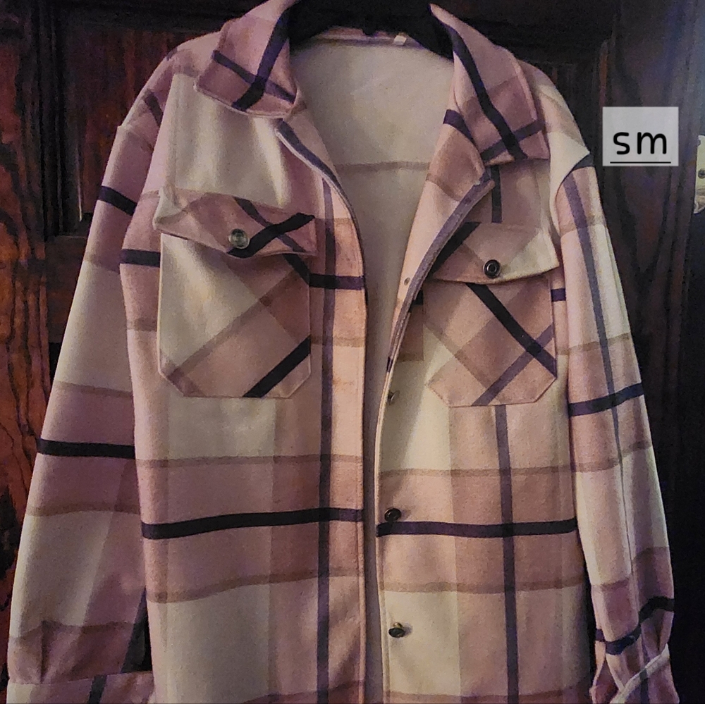 Plaid Button-Up Shacket in Pink and Cream